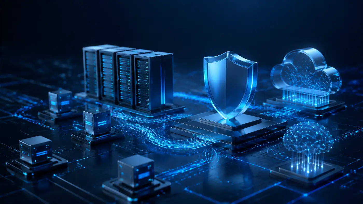Vernetzte IT-Infrastruktur mit Servern, Cloud, Cybersecurity und KI